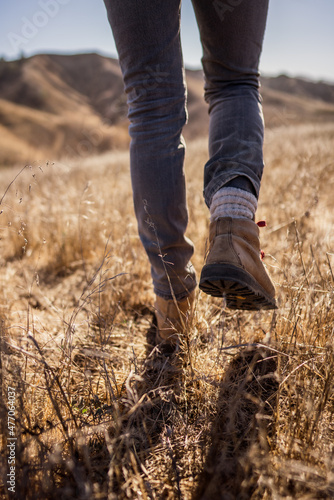 Close Up Of Men Shoes hiking in the winter time 