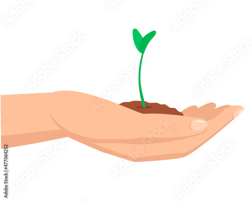 
Vector hand holds a handful of earth with a young green sprout.
Illustration isolated on transparent background.