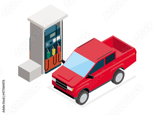 Vettoriale Stock アイソメトリックス 3d立体イラスト ガソリンスタンドgs給油機と給油中の自動車のイラスト ピックアップトラック 白バック Adobe Stock