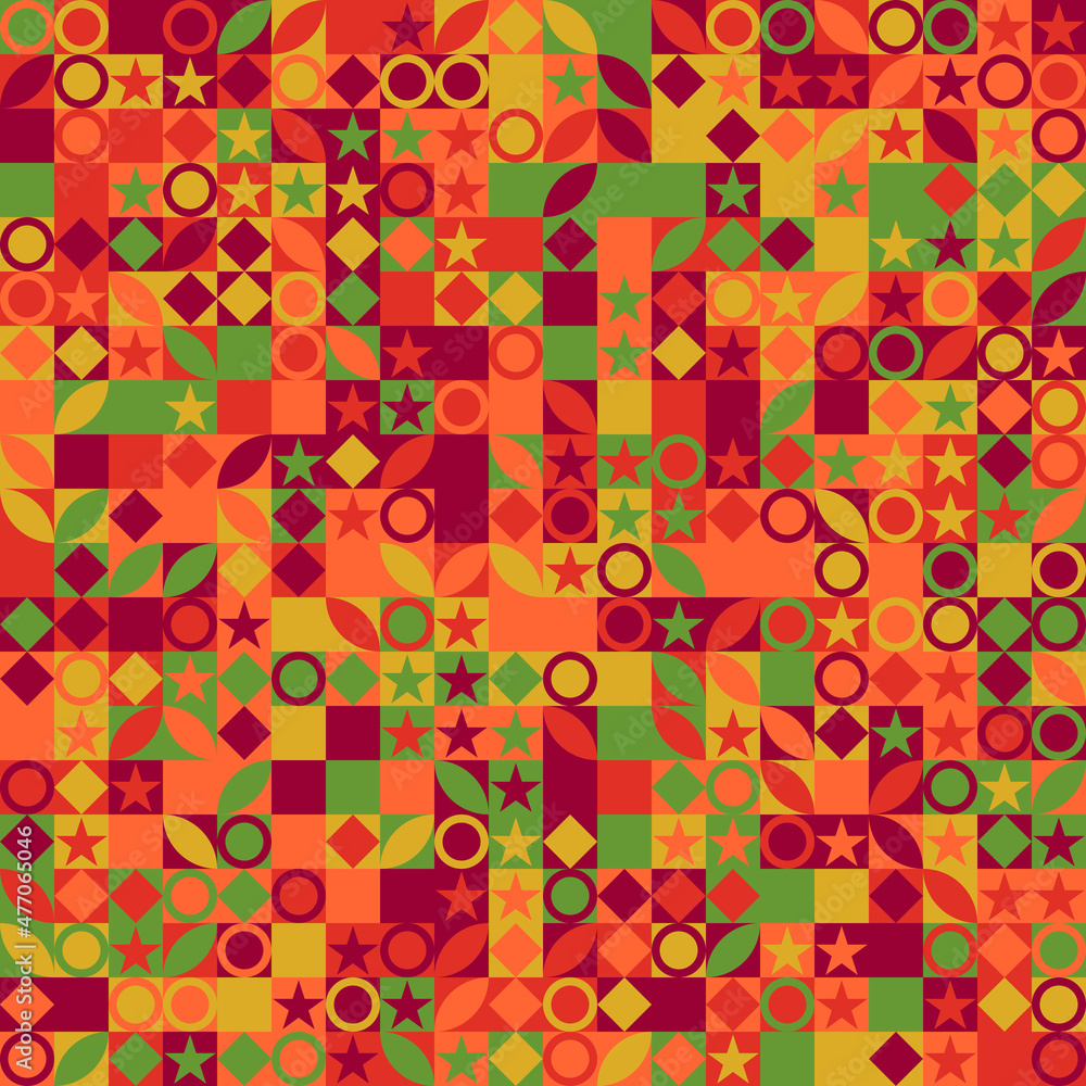 Patrón geométrico abstracto consistente en figuras variadas ordenadas de forma aleatoria y saturadas de colores vivos. Patrón geométrico abstracto consistente en figuras variadas ordenadas de forma aleatoria y saturadas de colores vivos.