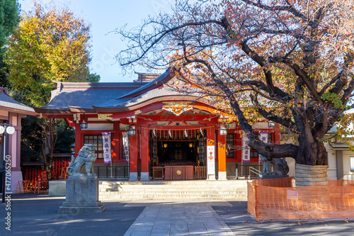 architecture of red main shrine of hatagaoka hachiman shinto shrine in shinagawa