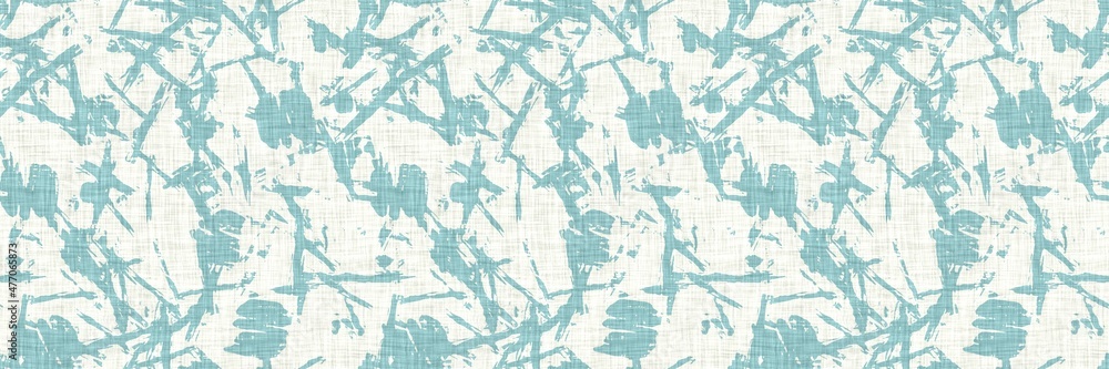 Fototapeta premium Aegean teal streaked border strip linen texture background. Coastal summer style home decor fabric effect. Sea green wash grunge edge material. Decorative textile mottle seamless pattern banner. 