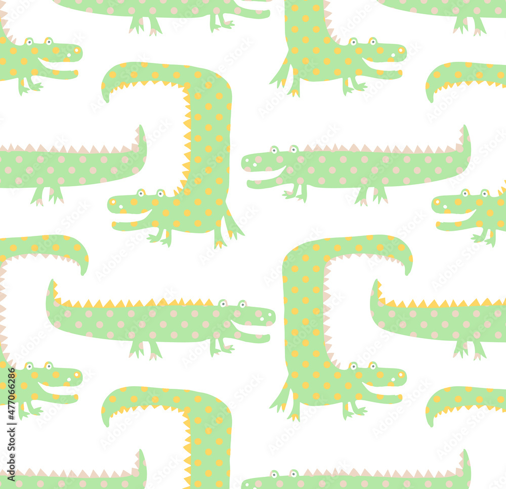 Naklejka premium Cute crocodile seamless pattern vector illustration for kids. Can be used for nursery wall decor, baby textile, baby bedding set, wrapping paper, packaging, wallpaper, baby clothes design.