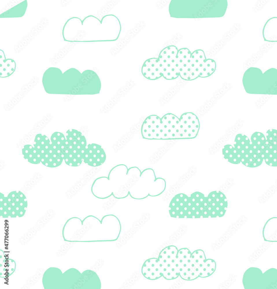 Fototapeta premium Clouds pattern,Cute clouds seamless pattern vector illustration for kids. Can be used for nursery wall decor, baby textile, baby bedding set, wrapping paper, packaging, wallpaper, baby clothes design.