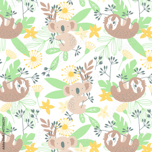Koala pattern, Cute koala seamless pattern vector illustration for kids. Can be used for nursery wall decor, baby textile, baby bedding set, wrapping paper, packaging, wallpaper, baby clothes design.