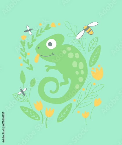 Cute chameleon T-shirt design for kids, vector illustration. Graphic design for baby and kids clothes. Can be used for baby t-shirt print, fashion print design, kids wear, poster, nursery wall art.
