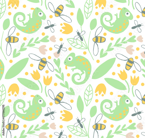 Cute Chameleon seamless pattern vector illustration for kids. Can be used for nursery wall decor, baby textile, baby bedding set, wrapping paper, packaging, wallpaper, baby clothes design.
