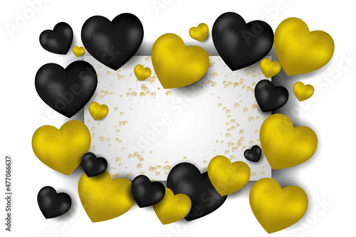 Vector. Valentine s day abstract background. Realistic 3d black and yellow 3d balloons. Heart shape. February 14th  love. Romantic holiday card  invitation  cover  banner  poster. Copy space for text.