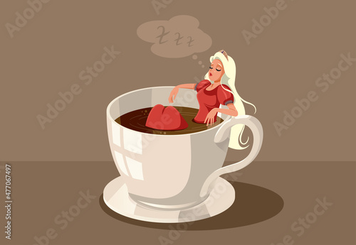 Sleeping Beauty Sitting in a Cup of Coffee Vector Cartoon Illustration