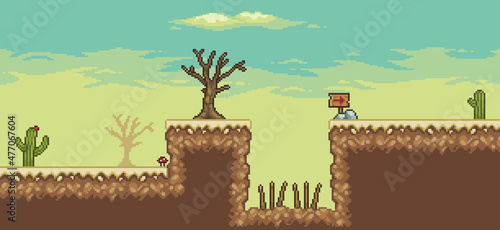 Pixel art desert game scene with  cactuses, trap, dry tree, direction board 8bit background
