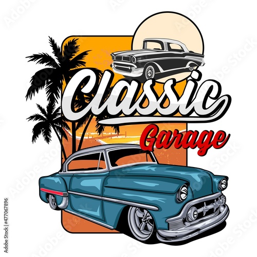 Classic car garage full color isolated with a white background.