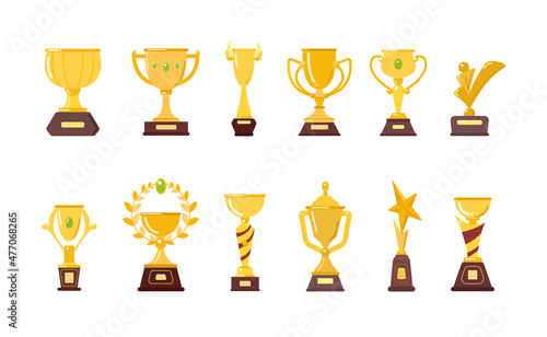 Gold trophy cups set. Vector illustrations of prizes for winners. Cartoon golden goblets for championship, sports game, competition or award ceremony isolated on white. Victory, celebration concept