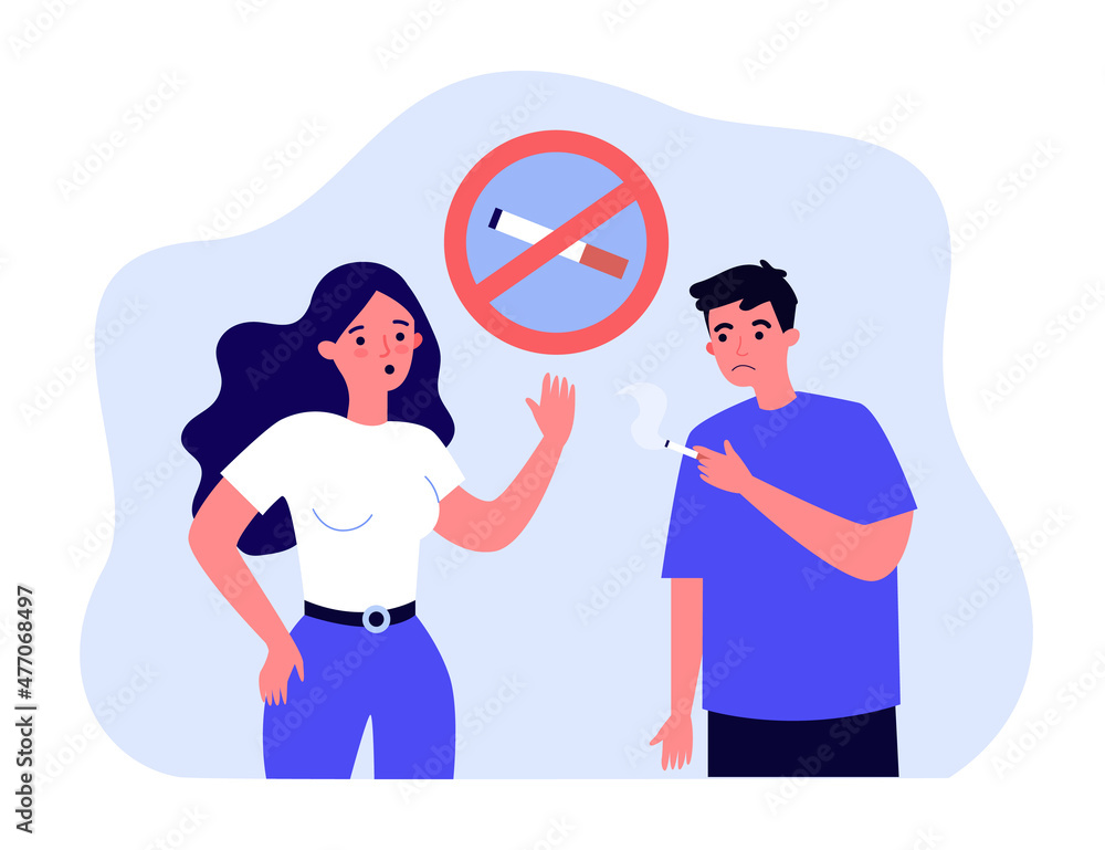Worried wife asking sad husband to stop smoking. Man with cigarette, unhealthy habit, no smoking sign flat vector illustration. Addiction, health concept for banner, website design or landing web page Worried wife asking sad husband to stop smoking. Man with cigarette, unhealthy habit, no smoking sign flat vector illustration. Addiction, health concept for banner, website design or landing web page