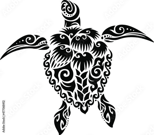 Sea Turtle with the shape of palmetto tree and crescent moon. Tribal tattoo style design