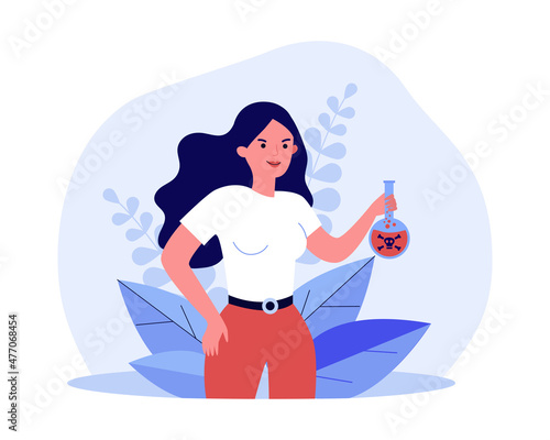 Evil woman holding deadly poison potion. Mischievous girl with glass bottle with skull symbol flat vector illustration. Danger, revenge concept for banner, website design or landing web page