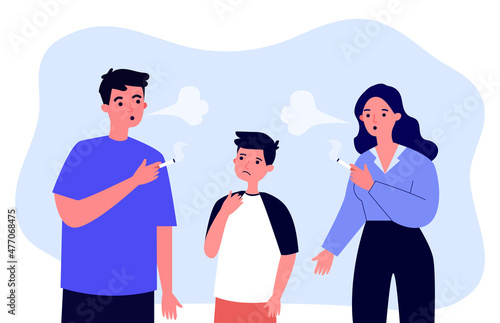 Worried son standing between smoking mother and father. Parents with unhealthy habit holding cigarettes flat vector illustration. Family, health, addiction concept for banner or landing web page