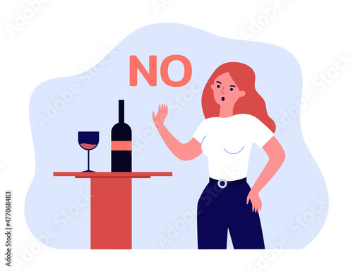 Angry cartoon woman saying no to alcohol. Girl choosing healthy lifestyle instead of drinking flat vector illustration. Alcohol, addiction, health concept for banner, website design or landing page