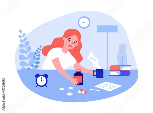 Tired or sick female employee or student taking pills. Exhausted girl with burnout syndrome flat vector illustration. Medicine, mental health, stress concept for banner, website design or landing page