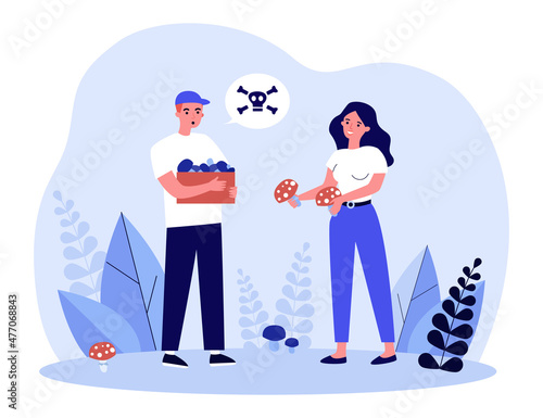 Cartoon couple picking mushrooms together in forest. Wife holding poisonous red fungi flat vector illustration. Food, danger, outdoor activity concept for banner, website design or landing web page
