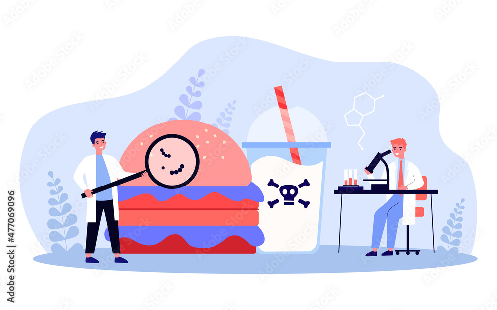 Tiny doctors examining unhealthy food in laboratory. Medical professional with magnifier, huge hamburger and soda flat vector illustration. Medicine, diet, health concept for banner or landing page Tiny doctors examining unhealthy food in laboratory. Medical professional with magnifier, huge hamburger and soda flat vector illustration. Medicine, diet, health concept for banner or landing page