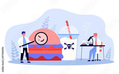 Tiny doctors examining unhealthy food in laboratory. Medical professional with magnifier, huge hamburger and soda flat vector illustration. Medicine, diet, health concept for banner or landing page
