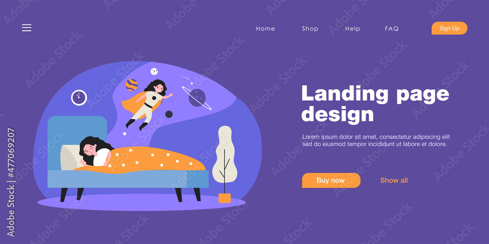 Girl having fantastic dreams while sleeping at night. Flat vector illustration. Little girl dreaming of flying into space as superhero in mantle. Sleeping, dream, childhood, space, fantasy concept Girl having fantastic dreams while sleeping at night. Flat vector illustration. Little girl dreaming of flying into space as superhero in mantle. Sleeping, dream, childhood, space, fantasy concept