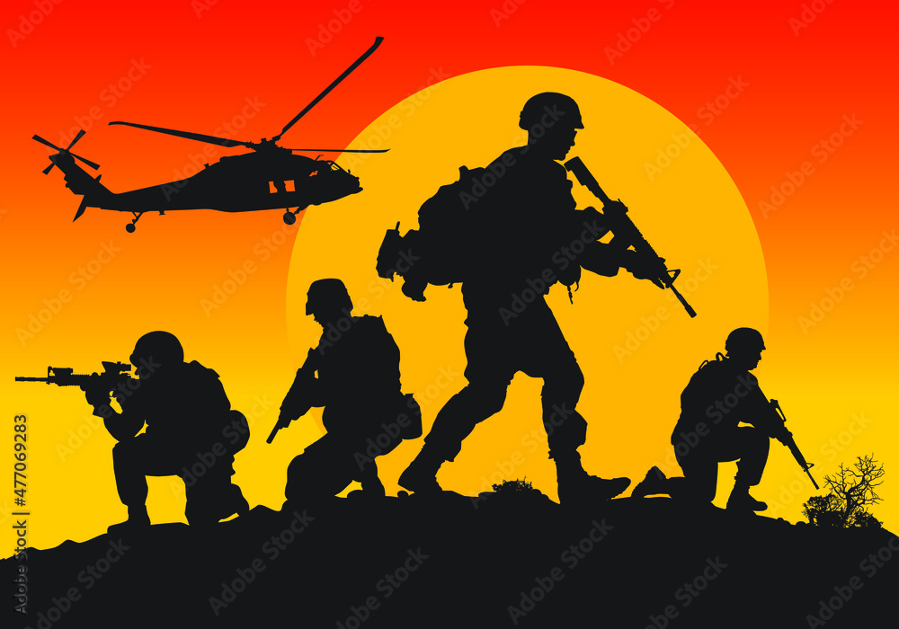 Vector silhouettes of American soldiers in combat positions. Stock ...