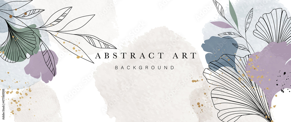 Abstract art botanical background vector. Luxury wallpaper design with women face, leaf, flower and tree  with earth tone watercolor and gold glitter. Minimal Design for text, packaging and prints.