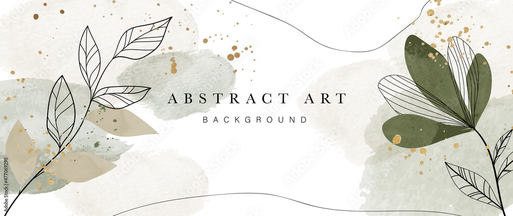 Abstract art botanical background vector. Luxury wallpaper design with women face, leaf, flower and tree  with earth tone watercolor and gold glitter. Minimal Design for text, packaging and prints. - obrazy, fototapety, plakaty 