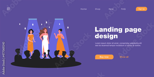 Celebrities performing on stage flat vector illustration. Popular women in chic outfits posing in front of crowd of journalists, fans. Concert, fashion show, public event, popularity concept