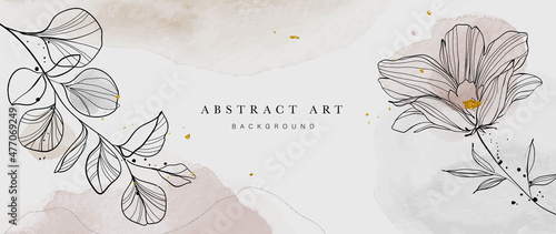 Abstract art botanical background vector. Luxury wallpaper design with women face, leaf, flower and tree with earth tone watercolor and gold glitter. Minimal Design for text, packaging and prints.