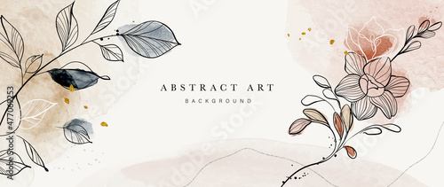 Abstract art botanical background vector. Luxury wallpaper design with women face, leaf, flower and tree  with earth tone watercolor and gold glitter. Minimal Design for text, packaging and prints.