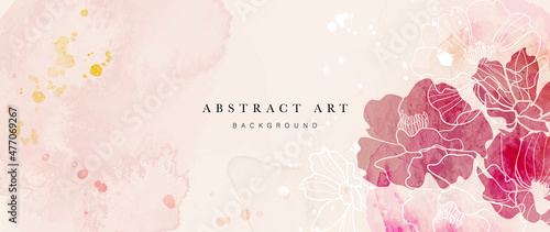 Abstract art botanical background vector. Luxury wallpaper design with women face, leaf, flower and tree  with earth tone watercolor and gold glitter. Minimal Design for text, packaging and prints.
