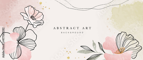Abstract art botanical background vector. Luxury wallpaper design with women face, leaf, flower and tree  with earth tone watercolor and gold glitter. Minimal Design for text, packaging and prints.