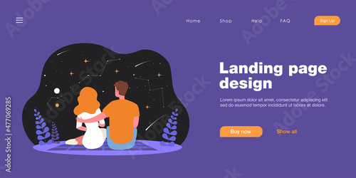 Happy couple looking at starry night sky, back view. Flat vector illustration. Romantic date, picnic, man and woman admiring beautiful view of shooting stars. Romance, date, love, space concept