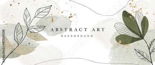 Abstract art botanical background vector. Luxury wallpaper design with women face, leaf, flower and tree  with earth tone watercolor and gold glitter. Minimal Design for text, packaging and prints.