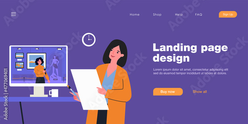 Female artist watching museum exhibition online. Guide on computer screen presenting exhibits flat vector illustration. Technology, online gallery concept for banner, website design or landing page