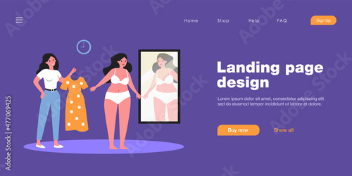 Friends choosing outfit together flat vector illustration. Plump woman in underwear looking in mirror while friend holding dress. Overweight, self-esteem, style, clothing, friendship concept