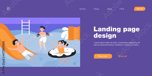Happy children having fun in swimming pool. Boy on waterslide, kid in inflatable armbands, girl with rubber ring flat vector illustration. Summer activity, vacation concept for banner, website design