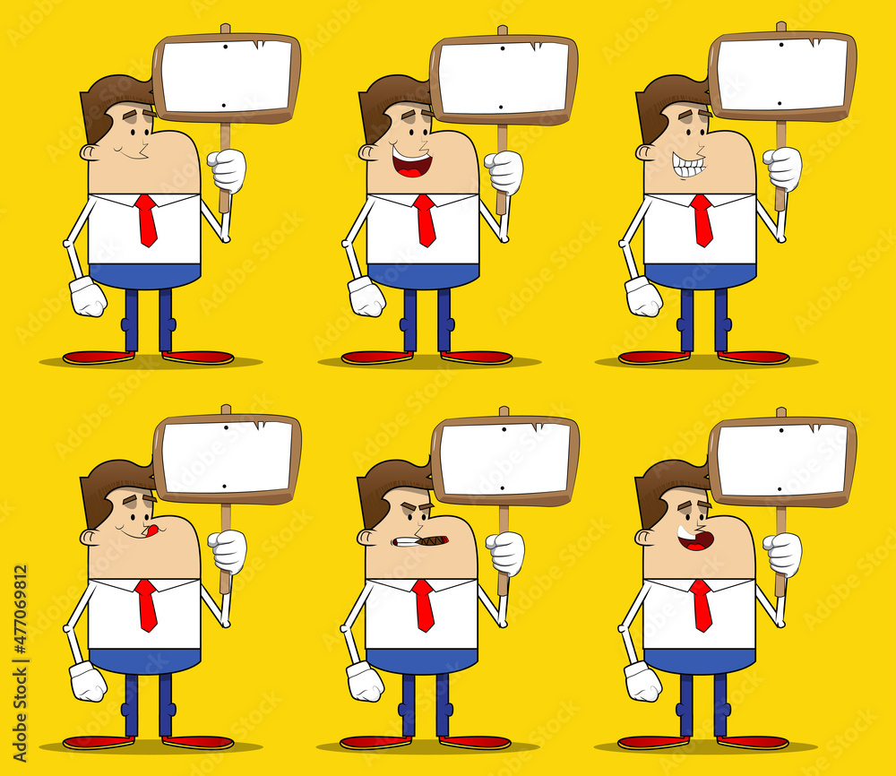Simple retro cartoon of a businessman holding blank sign. Professional finance employee white wearing shirt with red tie. Simple retro cartoon of a businessman holding blank sign. Professional finance employee white wearing shirt with red tie.