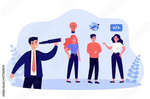 Manager with spyglass looking for creative workers. Programmer, artist and girl with ideas flat vector illustration. HR, recruitment concept for banner, website design or landing web page