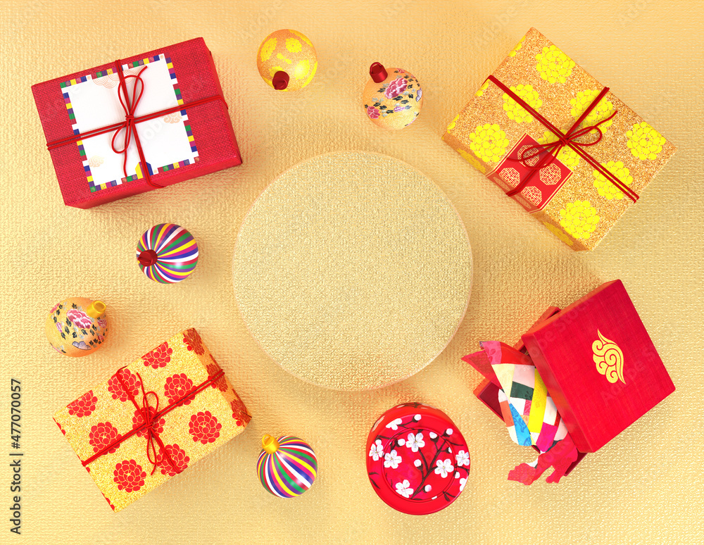 Korean traditional holiday background. Gift boxes wrapped in Korean