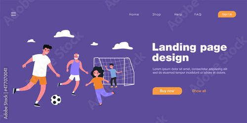 Happy family playing soccer in backyard. Dad, children and grandfather playing football outside flat vector illustration. Family, outdoor activity, sports concept for banner or website design