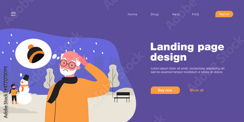 Elderly man freezing without hat in winter street. Flat vector illustration. Old man standing outdoors, remembering hat, boy making snowman in background. Winter, cold, hat, memory, trouble concept