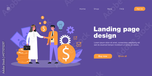 Happy Arab and Caucasian businessmen making deal. Man in national clothes shaking hands with man in suit flat vector illustration. Partnership, investment concept for website design or landing page