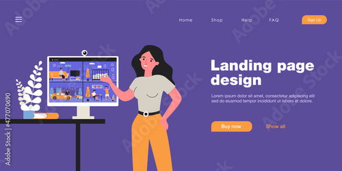 Female security service worker showing screen with CCTV footage. Videos of people at home and outside on monitor flat vector illustration. Surveillance, protection concept for banner, website design