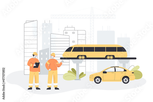 Engineers work on construction of railway. Cityscape with people and transport on bridge in city infrastructure flat vector illustration. Civil engineering and transportation, maintenance concept