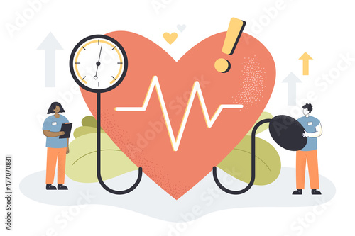 Control of tiny doctors high blood pressure on medical checkup. People with tonometer checking patients risk of hypertension flat vector illustration. Cardiology, cardiovascular disease concept