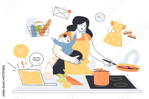 Chaos and stress of multitasking busy mom with crying baby. Tired woman cooking, thinking about work tasks and daily routine of housework flat vector illustration. Family, time management concept