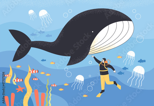 Scuba diver swimming with giant whale in blue tropical waters. Aquatic adventure of tiny man at ocean or sea bottom with marine animals flat vector illustration. Wildlife, ecosystem, aquarium concept